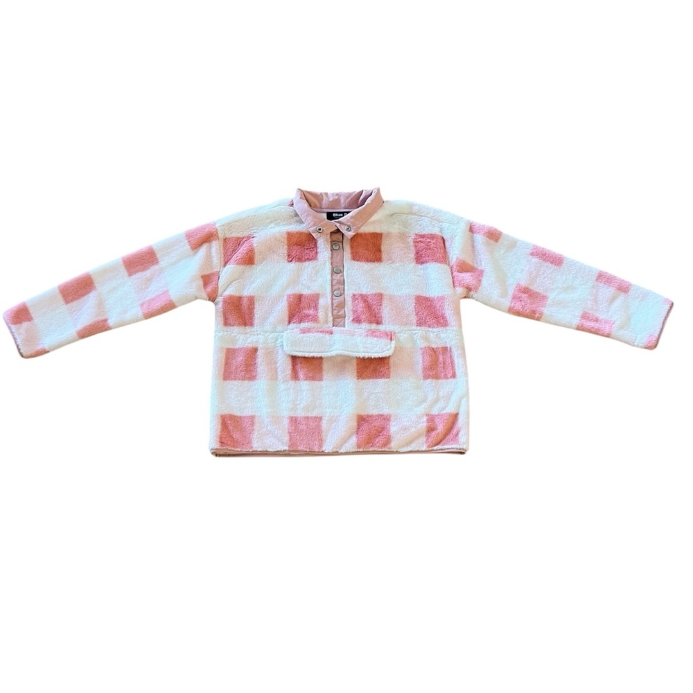 New blue b White Pink Mauve Checker Teddy Fleece Snap Up Comfy Outdoor Jacket S - Picture 2 of 3